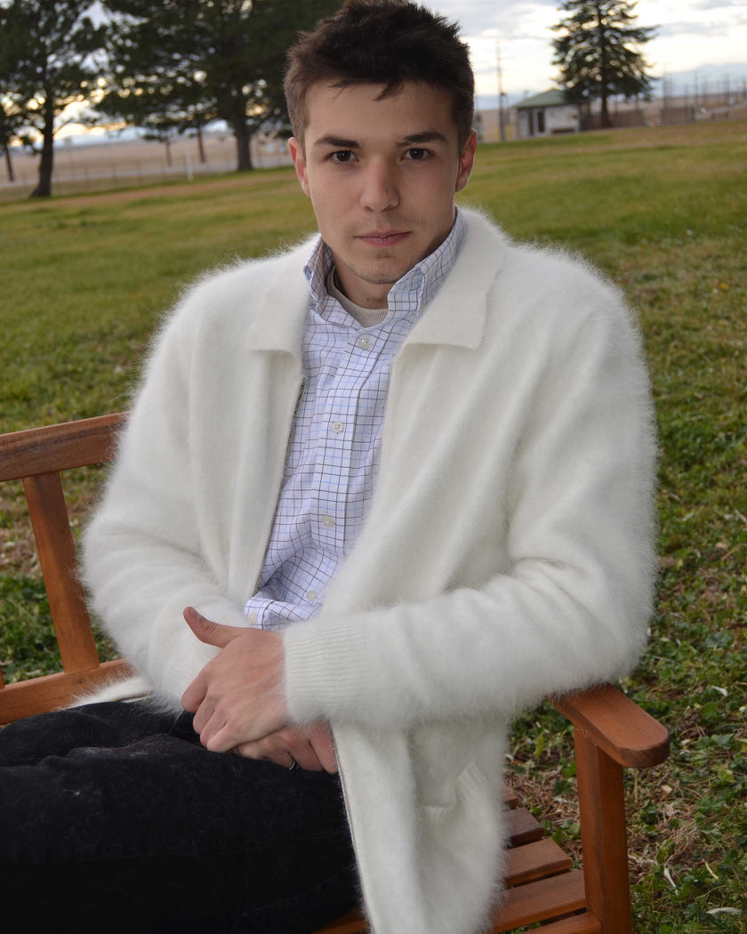 Men's Ultra-Soft Angora zipper-front cardigan sweater in light brown, elegant and soft knitwear for men