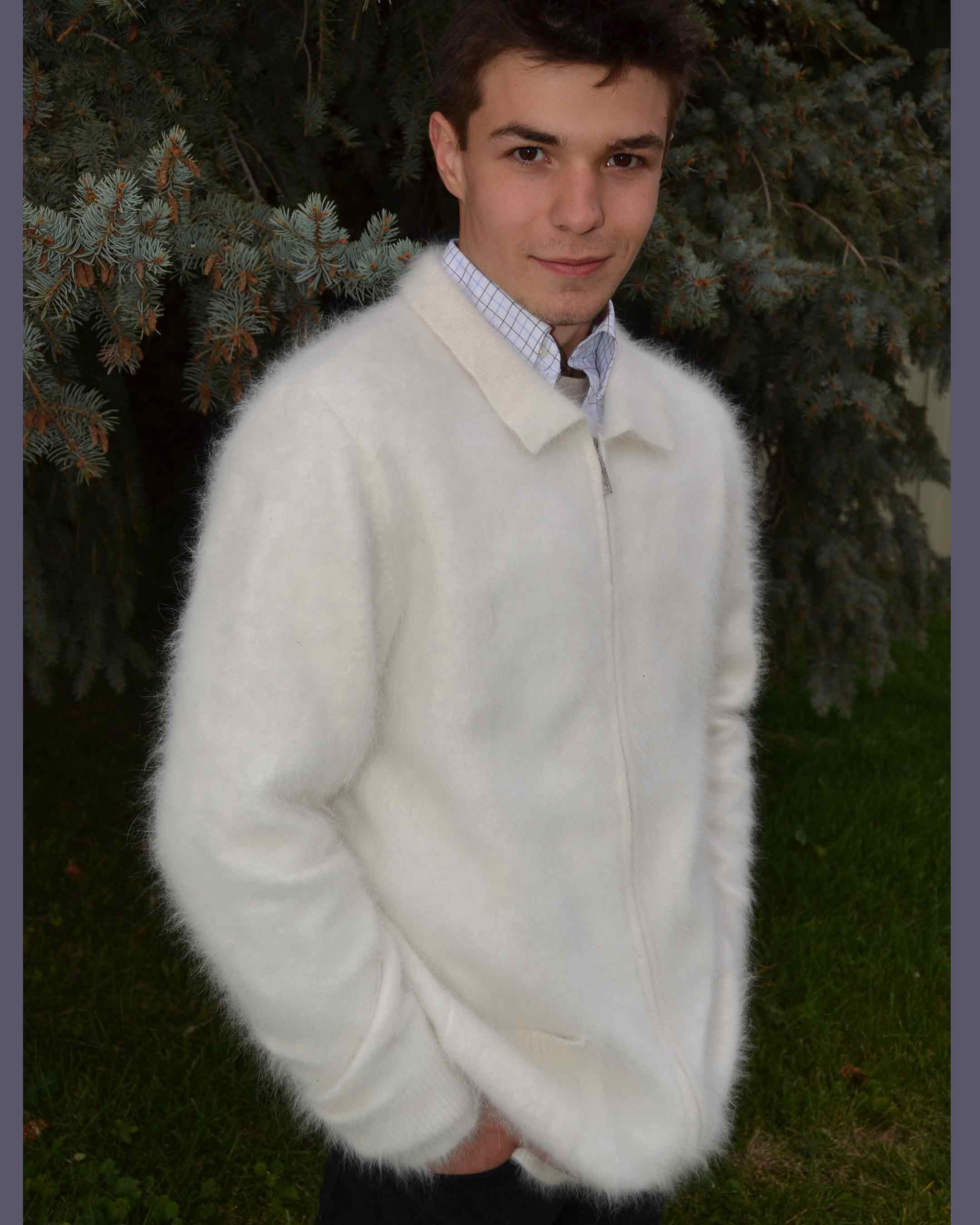 Men's Ultra-Soft Angora zipper-front cardigan sweater in light grey, styled for comfort and luxury