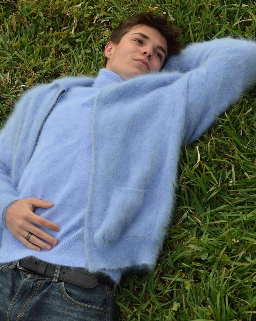 Men's ultra-soft angora zipper-front cardigan sweater in light jacket style for luxury comfort and warmth