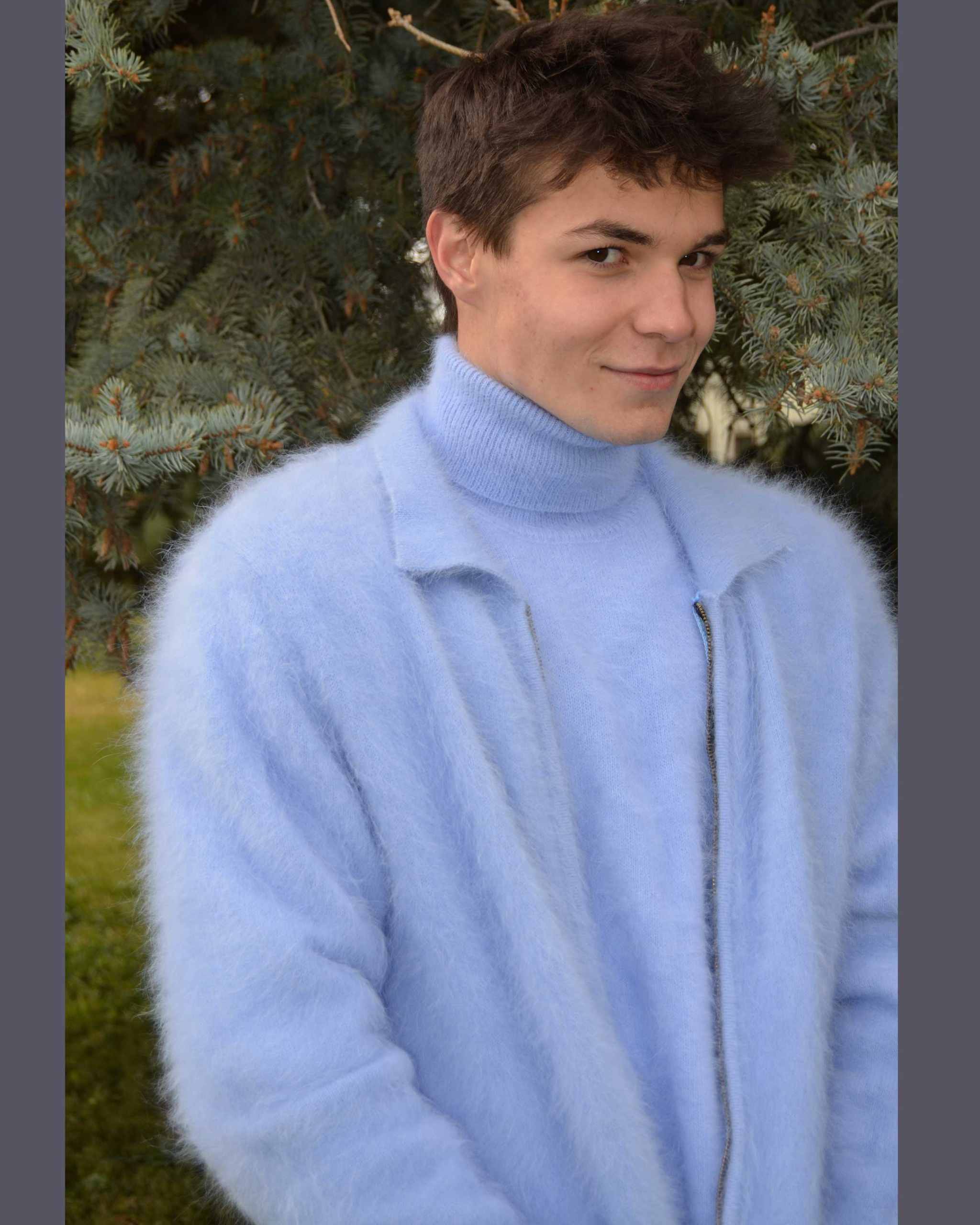 Men's Ultra-Soft Angora zipper-front cardigan sweater in light jacket style, shown on model