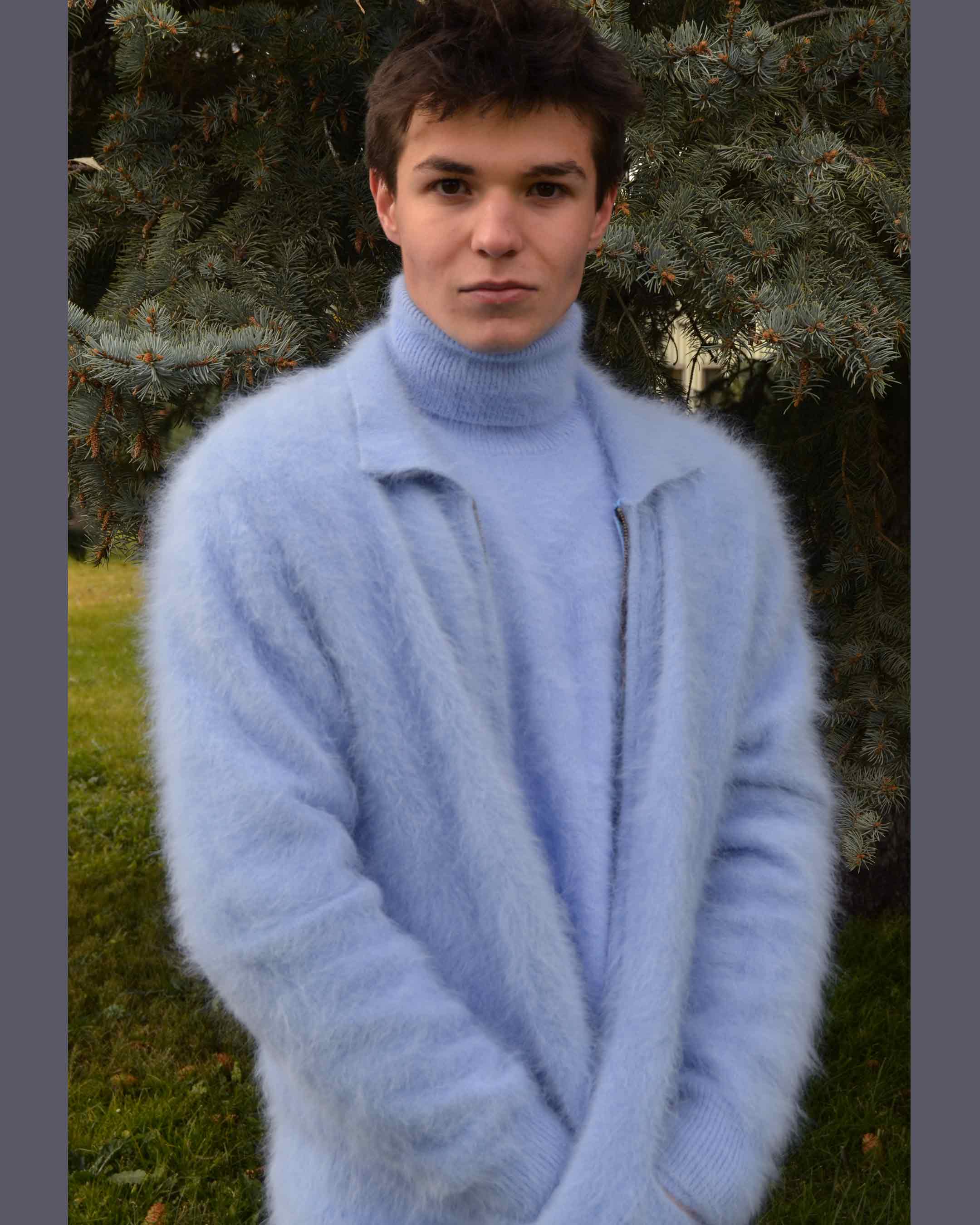 Men's Ultra-Soft Angora zipper-front cardigan sweater in a classic light brown color, showcasing premium soft knitwear for men