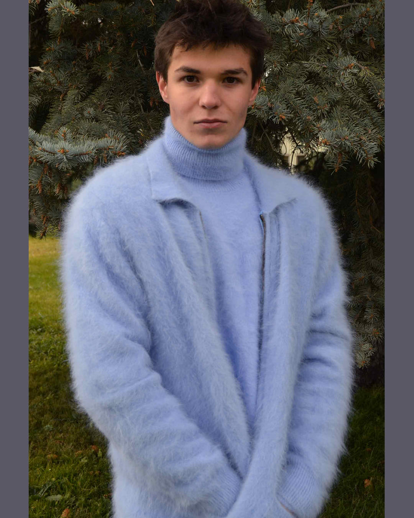Men's Ultra-Soft Angora zipper-front cardigan sweater in a classic light brown color, showcasing premium soft knitwear for men