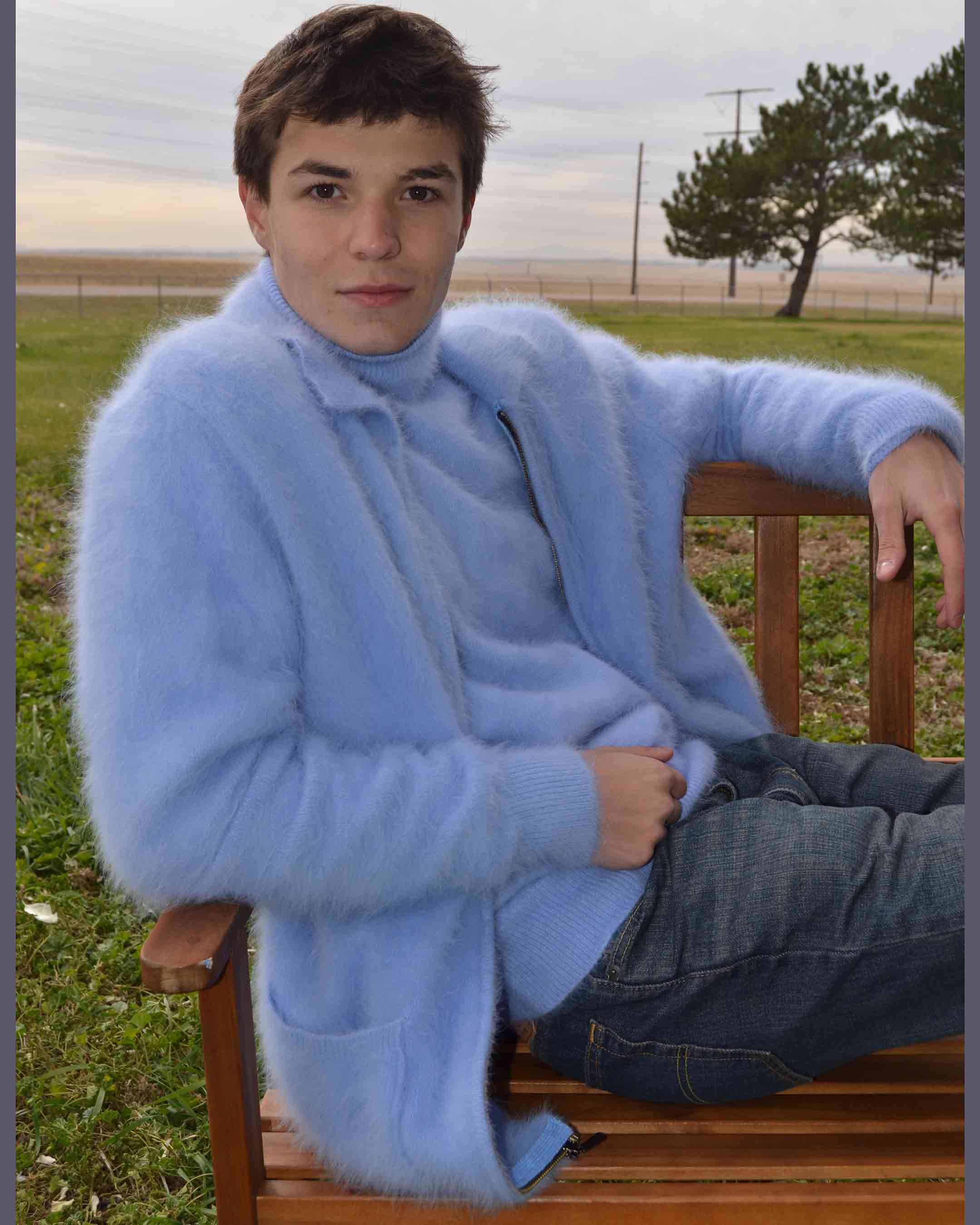 Men's Ultra-Soft Angora zipper-front cardigan sweater in light gray, showcasing premium knitwear and modern design.