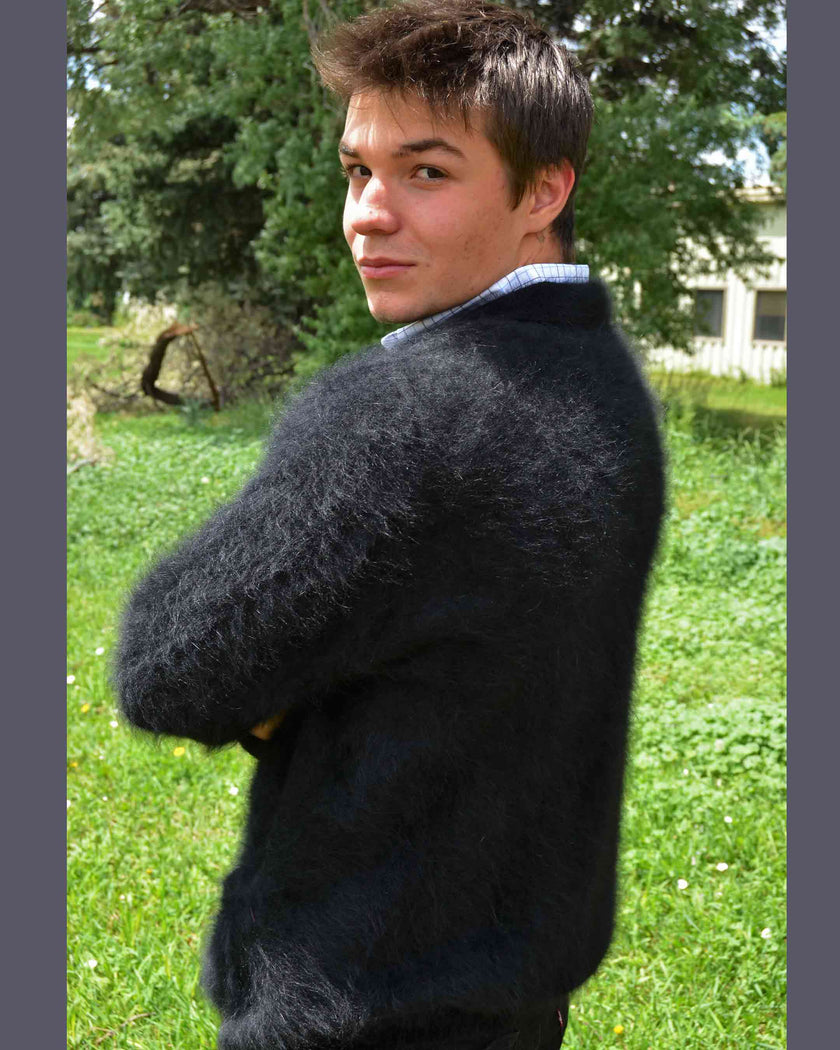 Men's Ultra-Soft Angora zipper-front cardigan sweater in light brown luxury knitwear