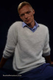 Men's Angora Sweater ultra-soft white angora V-neck sweater worn with blue shirt and pants