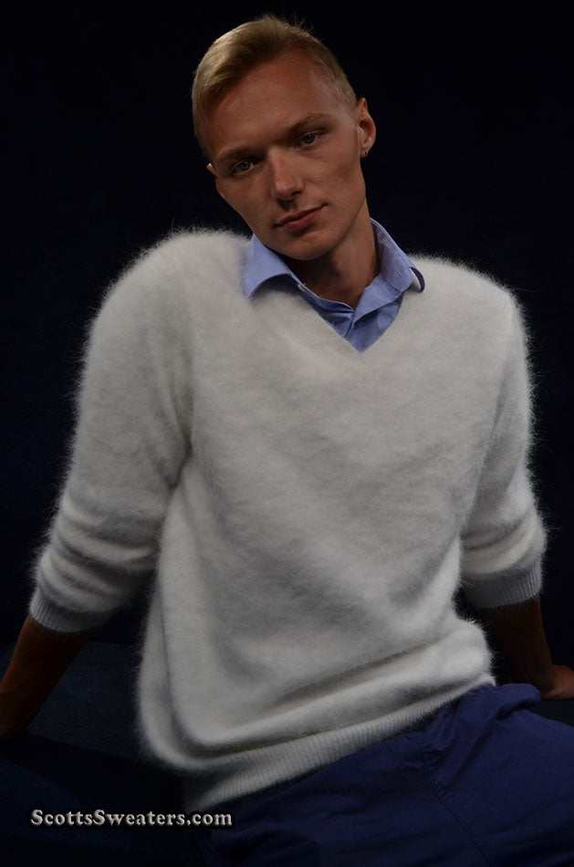 Men's Angora Sweater ultra-soft white angora V-neck sweater worn with blue shirt and pants