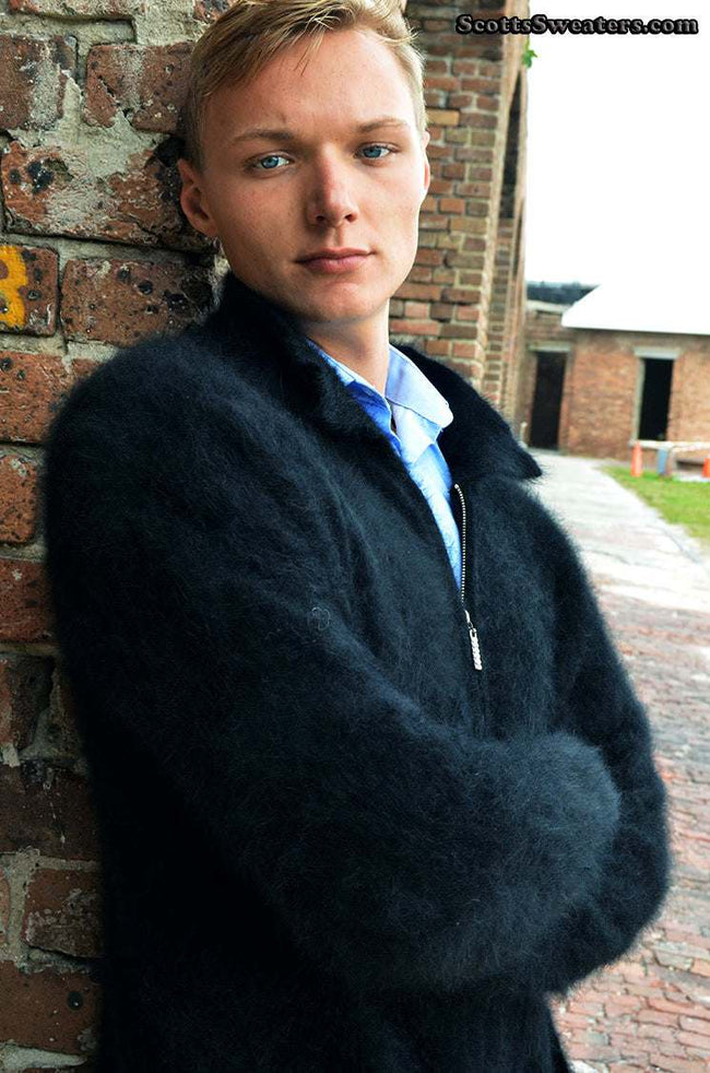 Men's ultra-soft angora zipper-front cardigan sweater, light jacket design, luxurious and warm, available in USA
