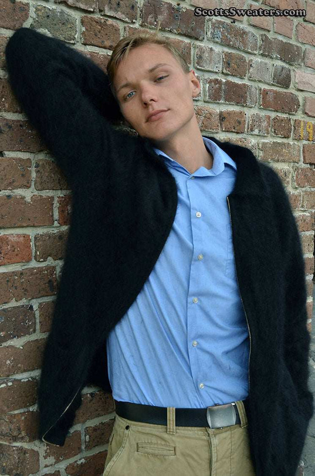 Men's ultra-soft angora zipper-front cardigan sweater in light jacket style