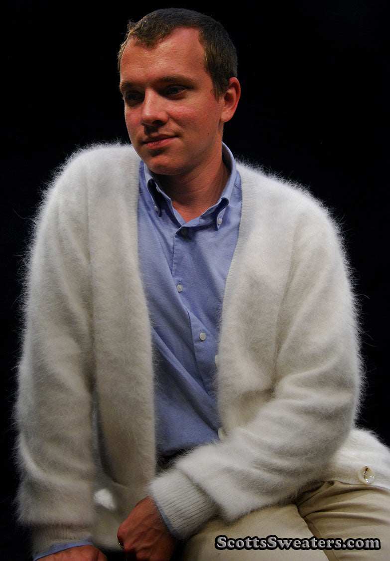 Men's ultra-soft angora cardigan sweater in white worn by man