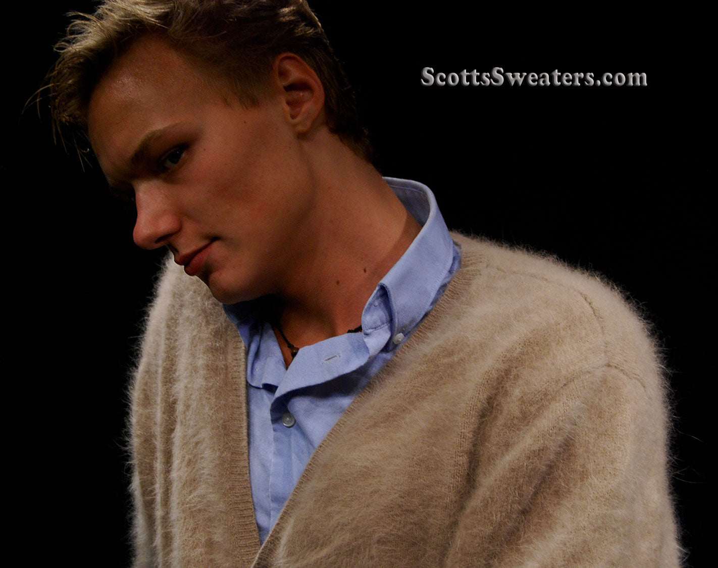 Men's ultra-soft angora cardigan sweater in beige worn over blue shirt