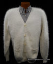 Men's ultra-soft angora cardigan sweater in white with buttons and pockets on mannequin