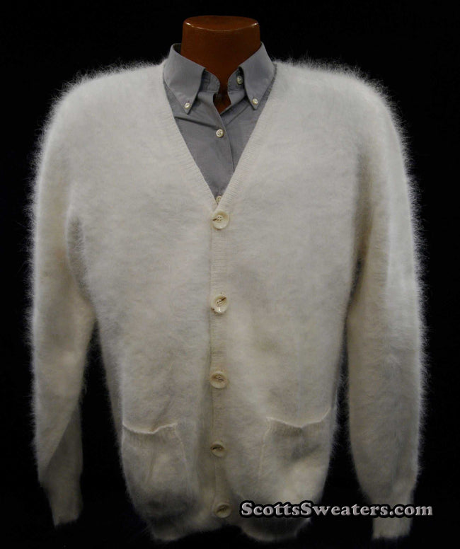 Men's ultra-soft angora cardigan sweater in white with buttons and pockets on mannequin