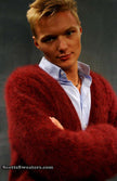 Men's ultra-soft angora red cardigan sweater, warm and luxurious knitwear.