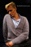 Men's ultra-soft angora cardigan sweater in light purple on male model