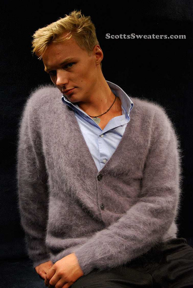 Men's ultra-soft angora cardigan sweater in light purple on male model