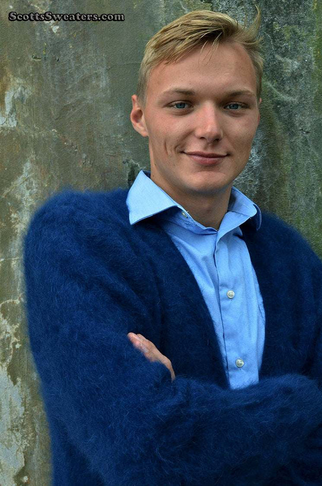Men's ultra-soft angora cardigan sweater in navy blue worn by man