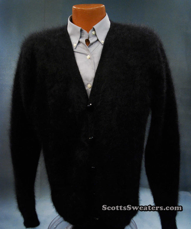 Men's ultra-soft angora black cardigan sweater on mannequin with dress shirt