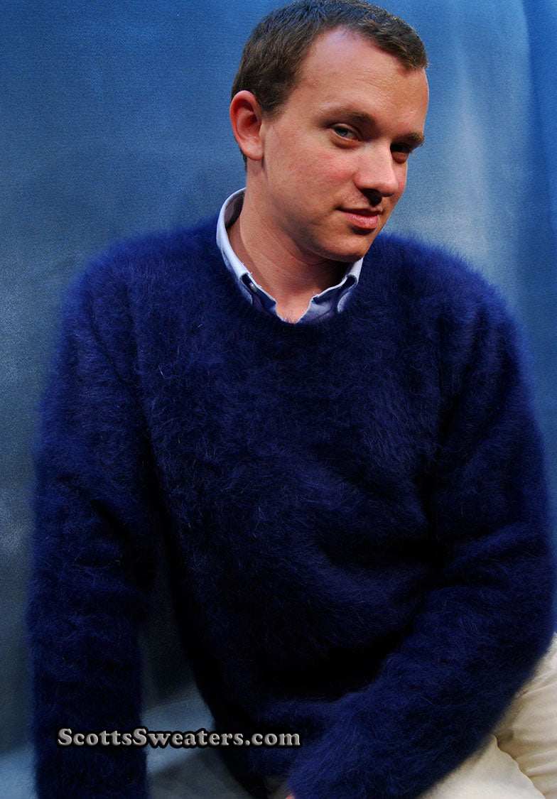 Men's ultra-soft angora crewneck sweater in navy blue worn by man