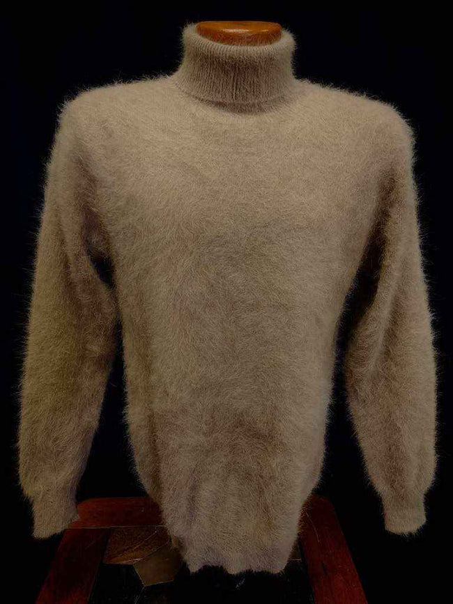 Men's ultra-soft angora turtleneck sweater in beige color displayed on a mannequin