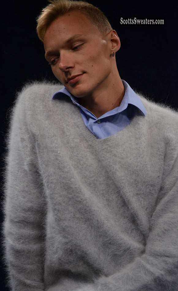 Men's ultra-soft angora white V-neck sweater, luxurious and warm, available in multiple sizes and colors