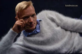 Men's ultra-soft angora V-neck sweater in white displayed in 360-degree view