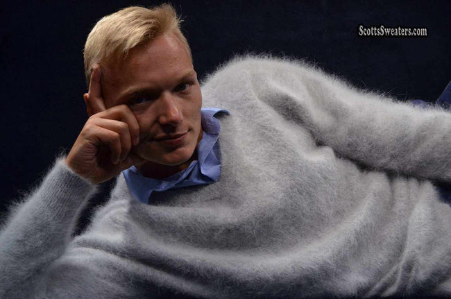 Men's ultra-soft angora V-neck sweater in white displayed in 360-degree view