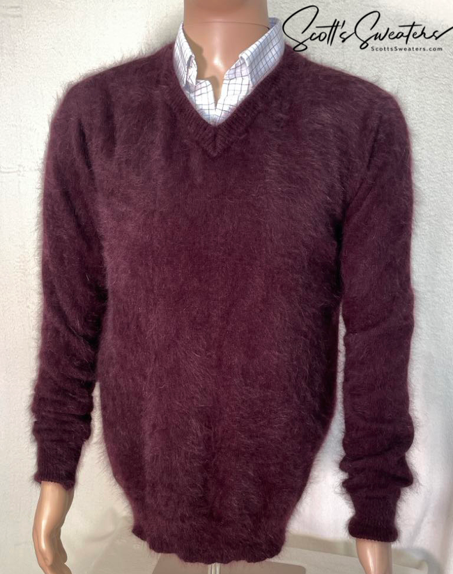 Men's ultra-soft angora V-neck sweater in white, luxurious and warm