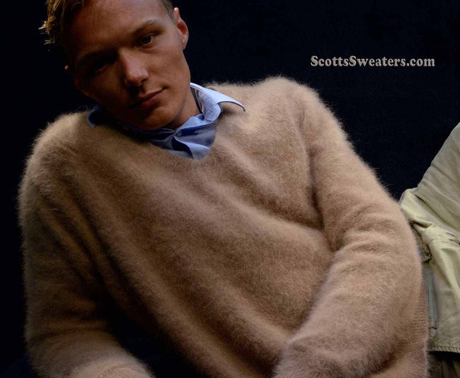 Men's ultra-soft angora white V-neck sweater with 360-degree view
