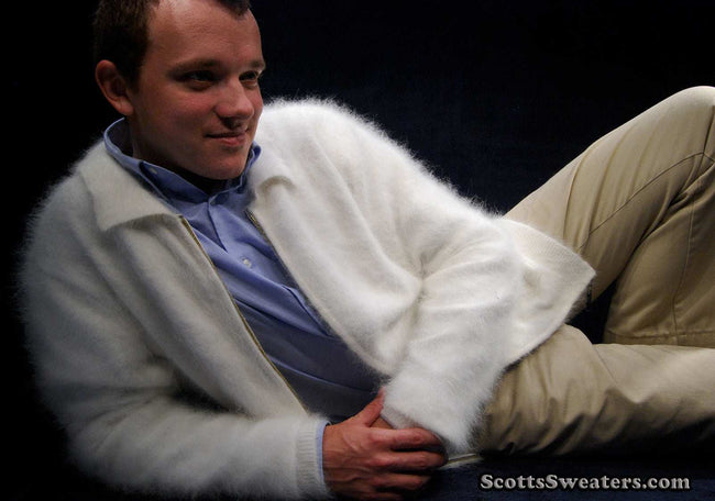 Men's ultra-soft angora zipper-front cardigan sweater in light-jacket design