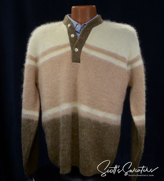 Retro shaggy mohair V-neck sweater with tri-color ivory, tan, and brown stripes by Munsingwear