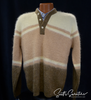 Retro shaggy mohair V-neck sweater with tri-color ivory, tan, and brown stripes by Munsingwear