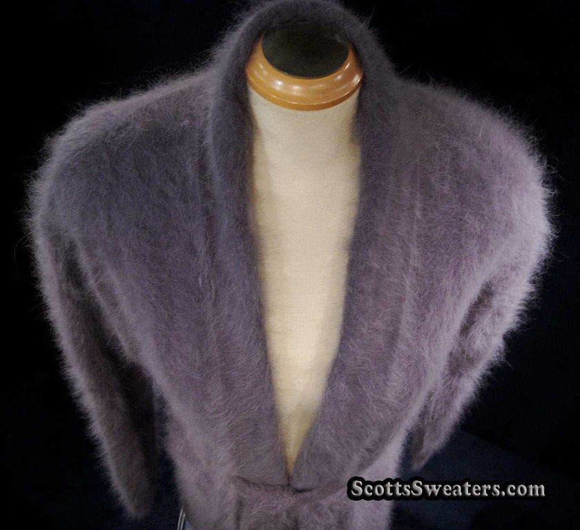Woman wearing ultra-soft open-front angora cardigan sweater with turn-down collar and lantern sleeves by Cocol