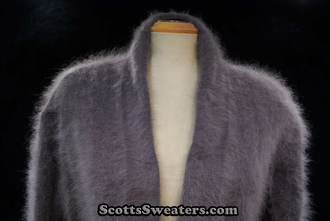 Woman's open-front angora cardigan sweater with turn-down collar and lantern sleeves by Cocol