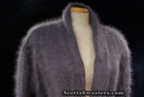 Woman wearing ultra-soft open-front angora cardigan sweater with turn-down collar and lantern sleeves by Cocol
