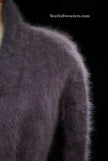 Woman's open-front angora cardigan sweater with turn-down collar and lantern sleeves by Cocol