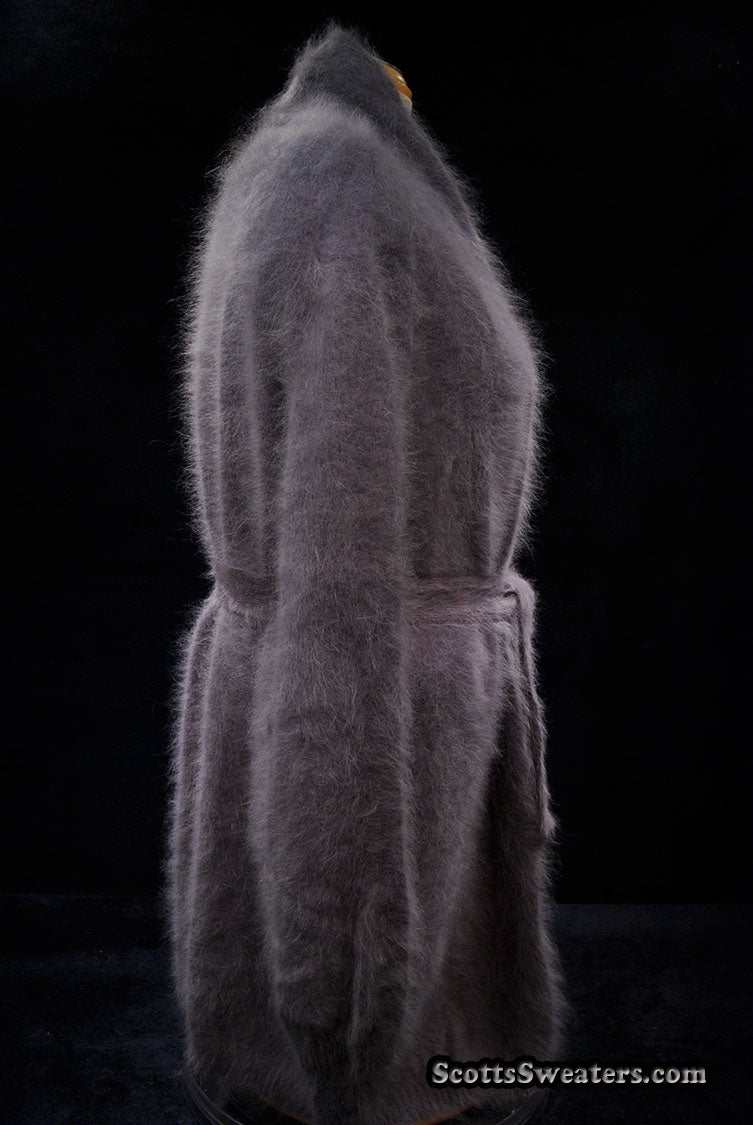 Woman's open-front angora cardigan sweater with turn-down collar and lantern sleeves by Cocol