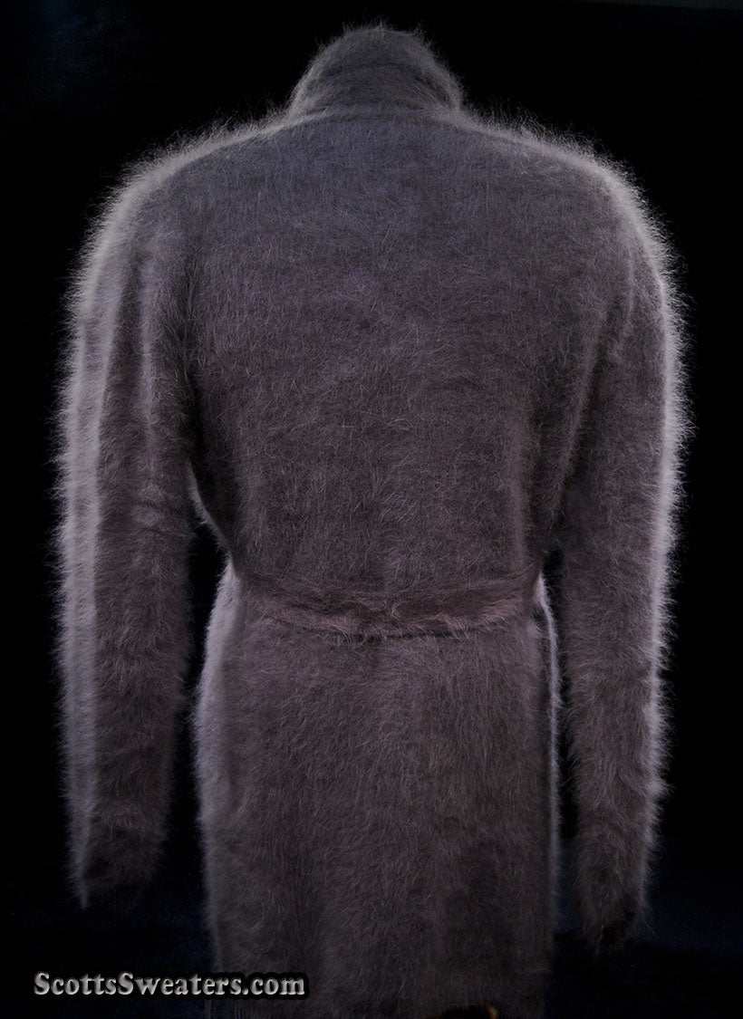 Woman's open-front angora cardigan sweater with turn-down collar and lantern sleeves by Cocol