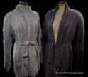 Woman wearing ultra-soft open-front angora cardigan with turn-down collar and lantern sleeves, featuring matching belt closure