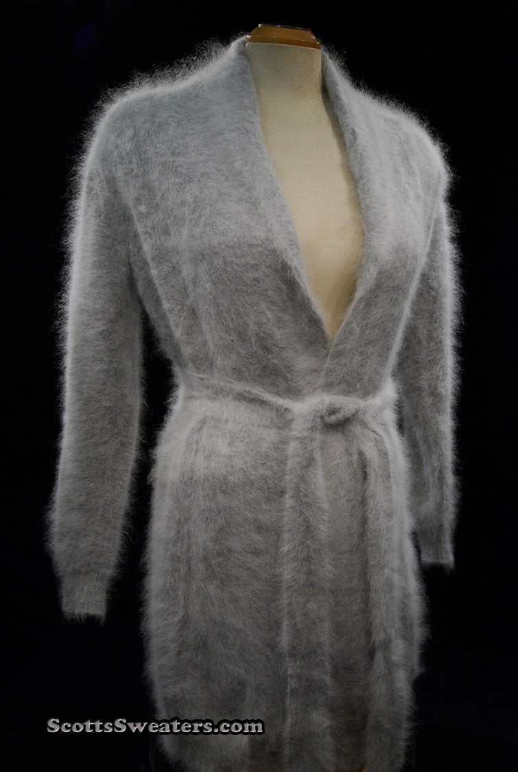 Woman's open-front angora cardigan sweater with turn-down collar and lantern sleeves by Cocol