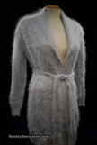 Woman's open-front angora cardigan sweater with turn-down collar and lantern sleeves by Cocol