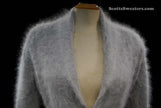 Woman wearing ultra-soft open-front angora cardigan sweater with turn-down collar and lantern sleeves by Cocol