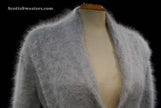Woman's open-front angora cardigan sweater with turn-down collar and lantern sleeves by Cocol
