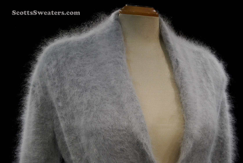 Woman's open-front angora cardigan sweater with turn-down collar and lantern sleeves by Cocol