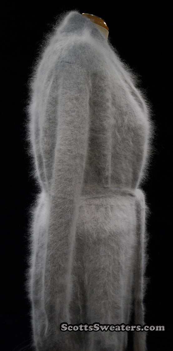 Woman wearing ultra-soft open-front angora cardigan sweater with turn-down collar and lantern sleeves by Cocol
