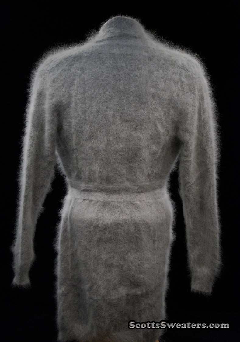 Woman wearing ultra-soft open-front angora cardigan sweater with turn-down collar and lantern sleeves by Cocol