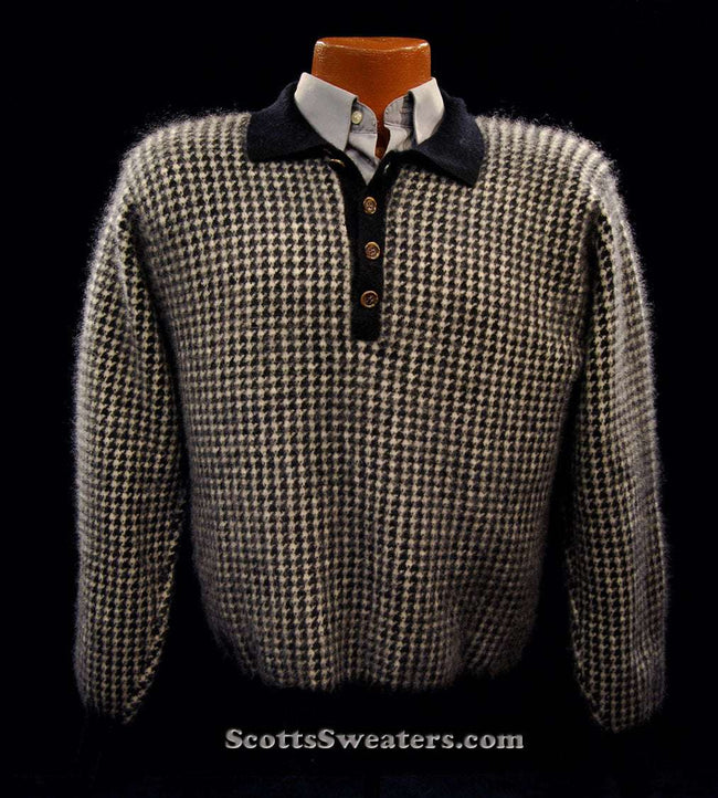 Men's black and white checkered cashmere polo-neck sweater by Forte Prive, X-Small/Small size