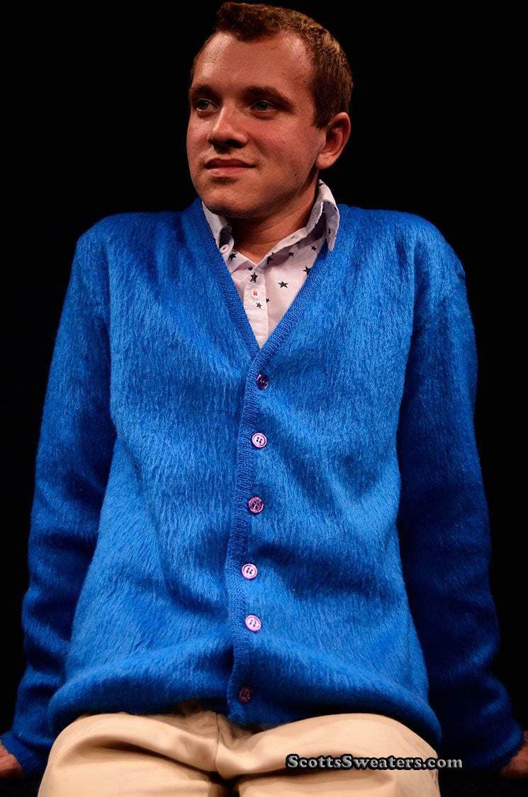 Men's retro classic royal-blue mohair cardigan sweater by Brent in small/medium size