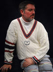 Men's sporty V-neck pullover cotton cable-knit sweater with red and navy-blue striped trim and tennis rackets emblem