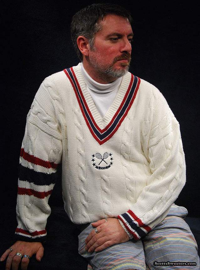 Men's sporty V-neck pullover cotton cable-knit sweater with red and navy-blue striped trim and tennis rackets emblem