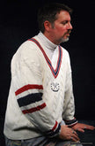Men's sporty V-neck pullover cotton cable-knit sweater with red and navy stripes and tennis rackets emblem